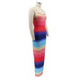 Women Clothes Rainbow Stripe Print Slit Slim Waist Strap Long Dress