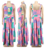 Plus Size Women Clothes Summer Plaid Crop Strap Top Loose Swing Skirt Two Piece Set
