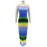 Women Clothes Rainbow Stripe Print Slit Slim Waist Strap Long Dress