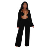 Women Clothes Long Sleeve Coat Bra Top Wide Leg Pants Solid Casual Fashion Three Piece Set