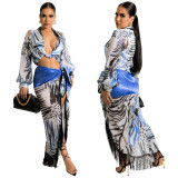 Women Clothes Puff Sleeve Printed Blue Plunge Neck Tied Two-Piece Skirt Set