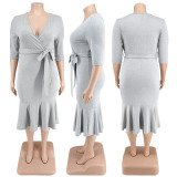 Plus Size Women Clothes Summer Solid Half Sleeve V-Neck Mermaid Midi Dress
