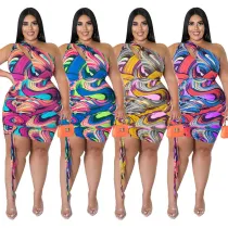 Plus Size Women Clothes Print One Shoulder Sleeveless Keyhole Sexy Drawstring Bodycon Dress
