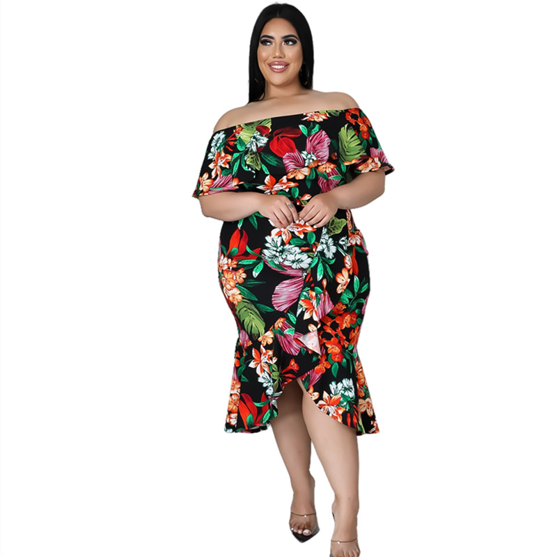 Wholesale Plus Size Women Clothes Fashion Floral Print Off Shoulder