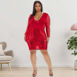 Plus Size Women Clothes Sexy U Neck Sequins Embroidered Long Sleeve Bodycon Club Dress