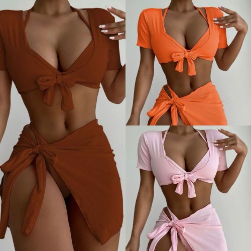 Solid Color Solid Four Piece Bikini Swimsuit Set