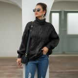 Suéter de tricô estilo casual outono e inverno feminino linha grossa torção gola alta pulôver