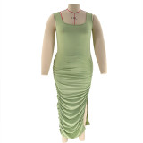Plus Size Women Clothes Fashion Sexy Solid Color U-Neck Sleeveless Pleated Slit Midi Dress
