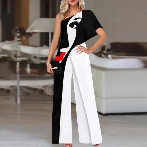 Elegant Women Clothes Slash Shoulder Print  Wide Leg Casual Jumpsuit