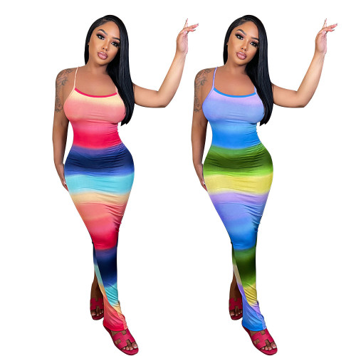 Damen Kleidung Rainbow Stripe Print Schlitz schmaler Hüftgurt langes Kleid
