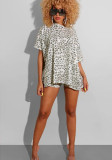 Women Casual Leopard Print Loose T-Shirt + Shorts Two-Piece Set