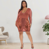 Plus Size Women Clothes Sexy U Neck Sequins Embroidered Long Sleeve Bodycon Club Dress