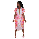 Women Clothes Summer Turndown Collar Positioning Print Casual Long Shirt Dress