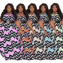 Summer Wave Stripe Print Colletto rovesciato Monopetto Plus Size Abbigliamento donna Moda Casual Maxi Dress