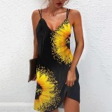 Women Clothes Sexy Casual V-Neck Print Strap Dress