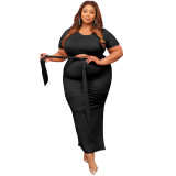 Summer Plus Size Women Clothes Solid Short Sleeve Top Slit Skirt Two Piece Fashion Set