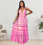 Women Clothes Summer Print Halter Strap Backless Casual Maxi Dress