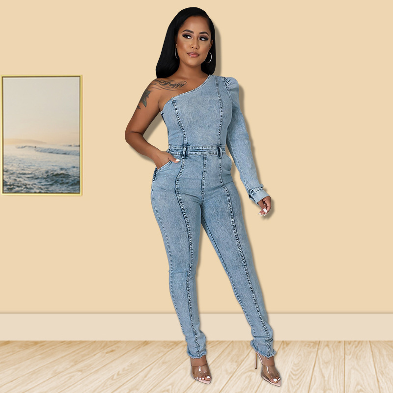 Wholesale Women Fashion Casual Single Breasted Lace Up Denim Jumpsuit