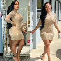 Summer Women Clothes Fashion Sexy Mesh Nightclub Long Sleeve Beaded Dress