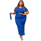 Summer Plus Size Women Clothes Solid Short Sleeve Top Slit Skirt Two Piece Fashion Set
