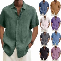 Sommer V-Ausschnitt Knopfleinen Einfarbig Herren Trendy Shirt