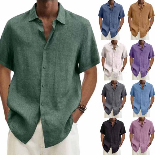 Yaz V Yaka Düğme Keten Düz Renk Erkek Trendy Gömlek