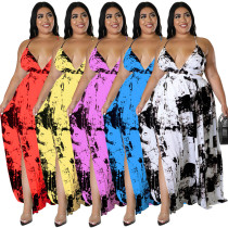 Plus Size Damen Sommer Sling Low Back Ink Print Kleid