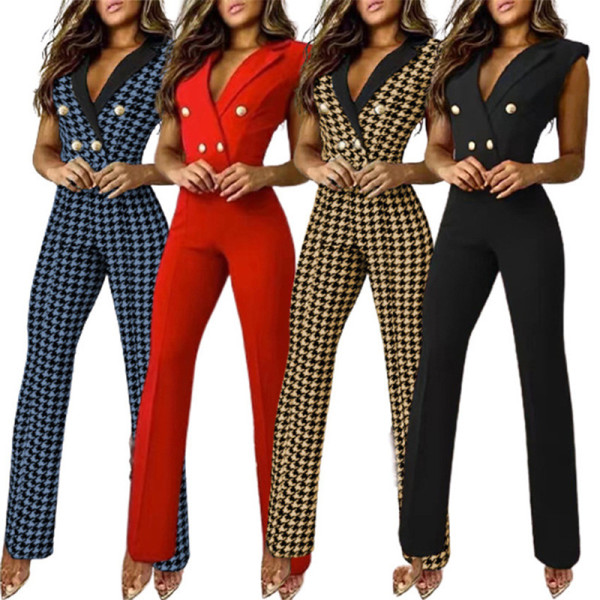 Spring and summer women's color matching twist button v-neck sleeveless houndstooth Jumpsuit professional wear