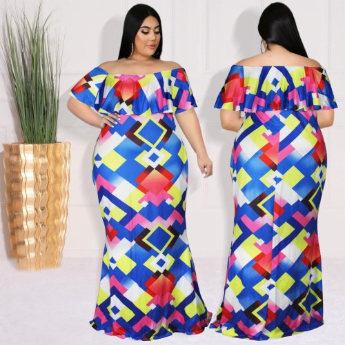 Plus Size Women's Digital Print Ruffle Wrap Off Shoulder Long Dress