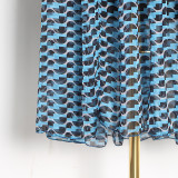 Geometric pattern sexy Open Waist Stand Collar long-sleeved large swing long chiffon dress