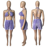 Women Clothes Fall Bra Top Cardigan Shorts Sexy Three-Piece Set
