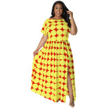 Plus Size Women's Summer New Slit Gathered Print Multicolor Dress
