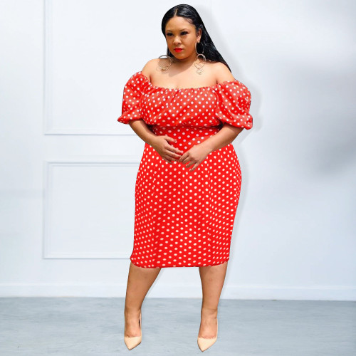 Sommerliches rotes Polka Dot Print Puff Sleeve Plus Size Off Shoulder Chic High Dress