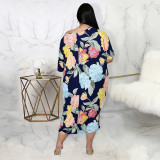 Large Plus Size Dress Chic Career Floral Print Round Neck Short Sleeve Maxi Dress