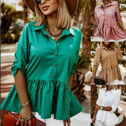 Spring Solid Chic Career Pullover Green Turndown Collar Single Breasted Casual Elegant Women's T-Shirt