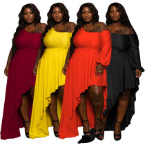 Artı Boyutu Kadın Modası Düz ​​Renk Tek Omuz Günlük Gevşek Düzensiz Elbise