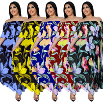 Plus Size Women's Summer Off  Shoulder Print Pleated Dress