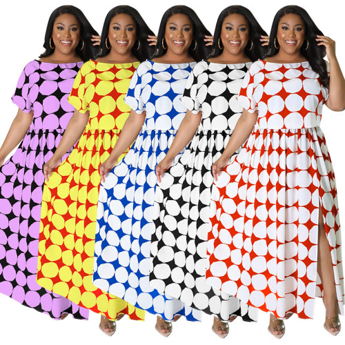 Plus Size Damen Sommer New Slit Gathered Print Mehrfarbiges Kleid