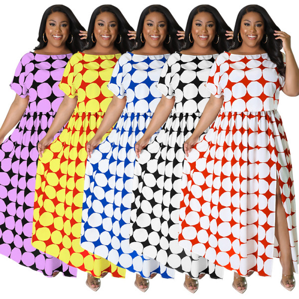 Plus Size Women's Summer New Slit Gathered Print Multicolor Dress