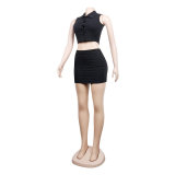 Women Sexy Solid Sleeveless Shirt Slim Nightclub Skirt Two Piece Set