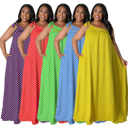 Plus Size Women's Summer Slash Shoulder Swing Print Multicolor Jumpsuit