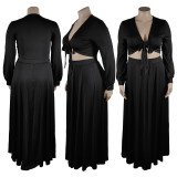 Plus Size Women's Solid Cotton Lace-Up Long Sleeve Top Swing Skirt Set Two Piece Set