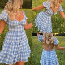 Summer Women's Square Neck Plaid Print Sexy Low Back Ruffle Puff Sleeve Dress
