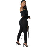 knitting pants suit Casual long-sleeved retro solid color Chic Career black suit