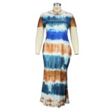 Plus Size Women's Short Sleeve Summer Maxi Dress Tie Dye Gradient Round Neck Slim Dress