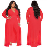 Plus Size Sexy V-Neck Patchwork Long Sleeve Solid Color Suit