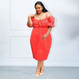Summer Red Polka Dot Print Puff Sleeve Plus Size Off Shoulder Chic High Dress