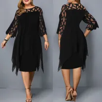 Lace Patchwork three-quarter sleeve irregular hem chiffon dress