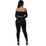 knitting pants suit Casual long-sleeved retro solid color Chic Career black suit