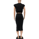 Women Casual Sleeveless Shoulder Pads Top+dress Two-Piece Set
